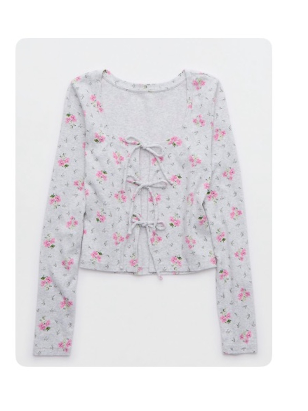 Aerie Gray Floral Tie-Front Long Sleeve Top - Pink Floral